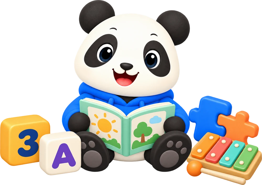The ReadyStudy panda reading a picture book, surrounded by toy blocks, a puzzle piece and a xylophone