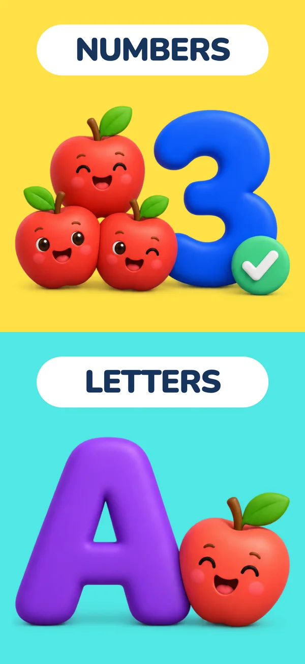 Poster: Numbers and letters — apples counting to three and a letter A