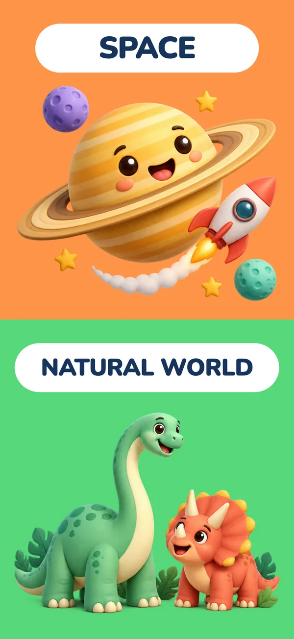 Poster: Space and the natural world — a smiling planet and dinosaurs
